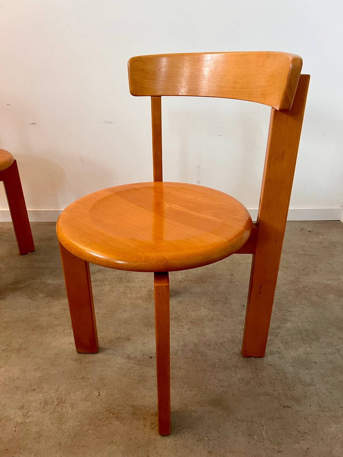 Set of 3 solid beech wood chairs, vintage 70s design