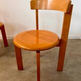 Set of 3 solid beech wood chairs, vintage 70s design