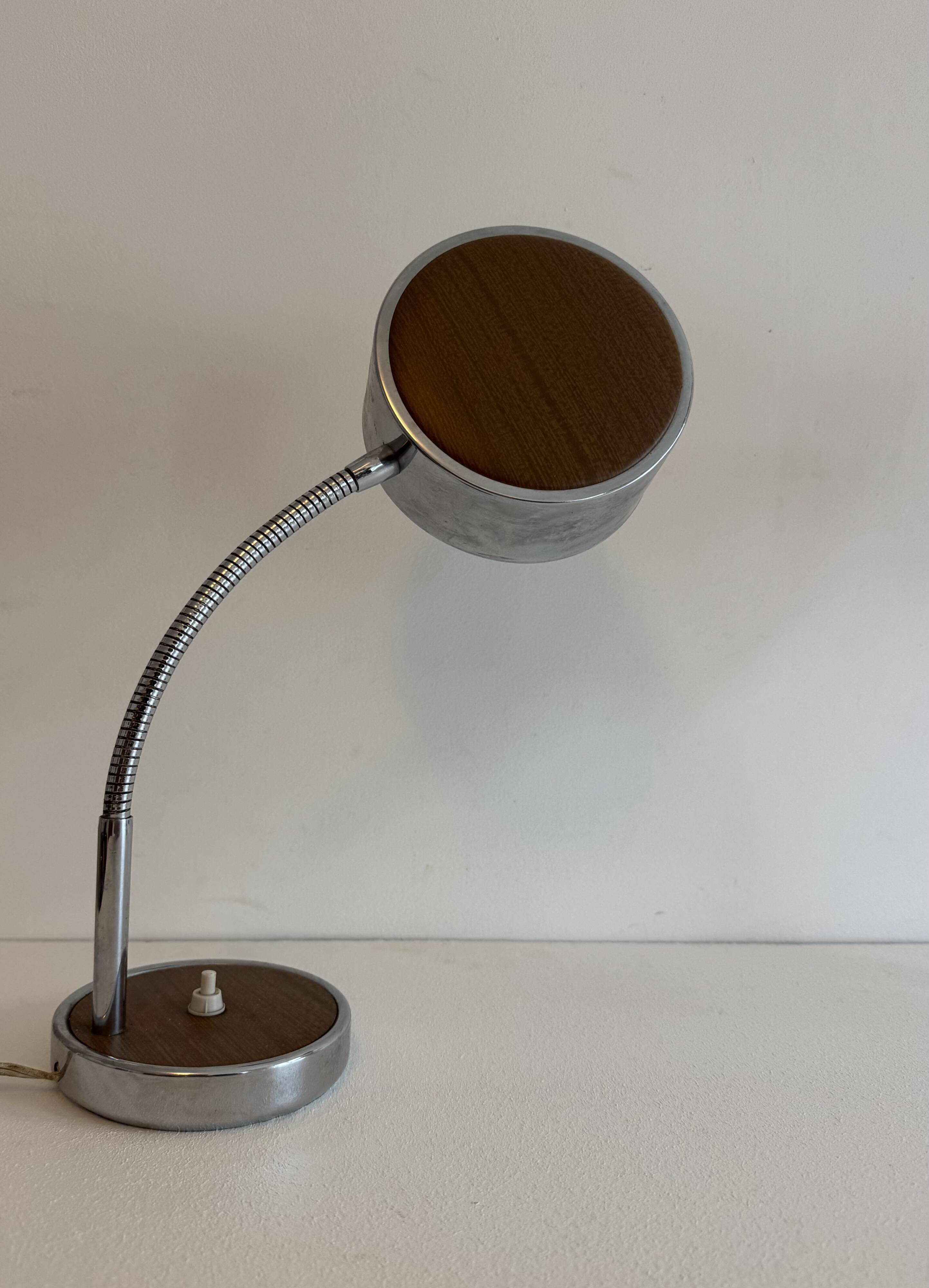 Pair of adjustable vintage table lamps, chrome metal and wood, France.