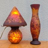 Signed lamp and vase, Tip Gallé – Acid-etched glass – Art Nouveau