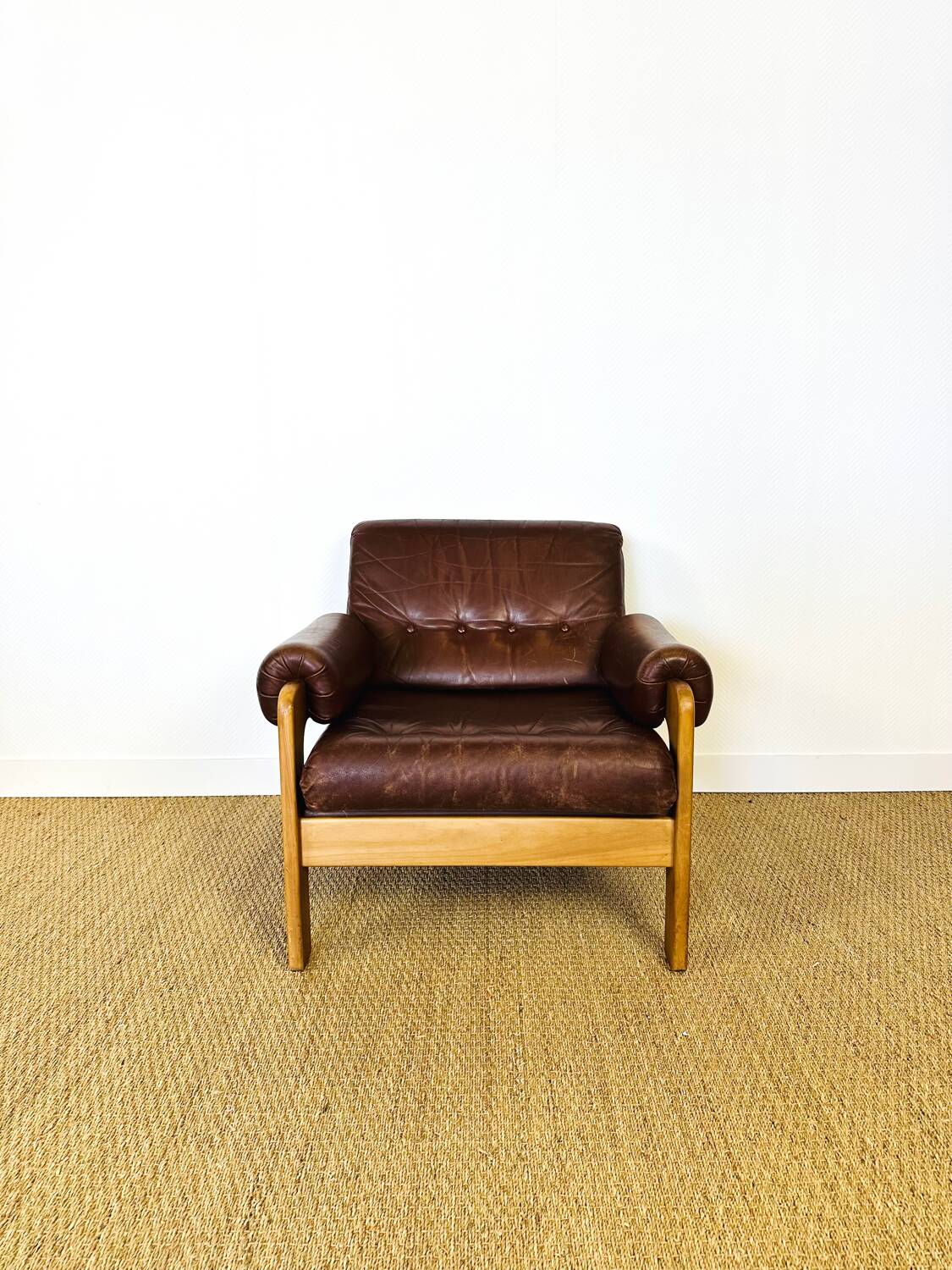 Vintage Scandinavian leather and teak armchair 1960