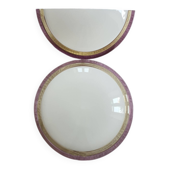Ensemble de luminaires muraux et plafonniers encastrés en verre de Murano blanc vintage avec bordure violette et jaune soufflée à la bouche | Lampe de décoration d'intérieur rétro