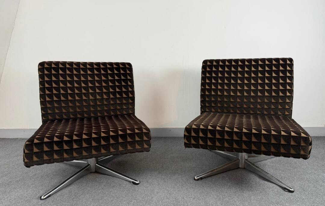 Pair of fabric and chrome steel armchairs, 1960s
