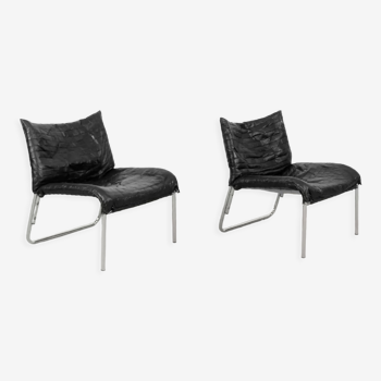 Vintage mid-century scandinavian modern black patchwork leather lounge chair from ikea, set of 2
