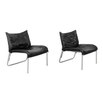 Vintage mid-century scandinavian modern black patchwork leather lounge chair from ikea, set of 2