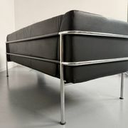 Three-seater tubular chrome and black leather sofa by Kébé, Denmark 80