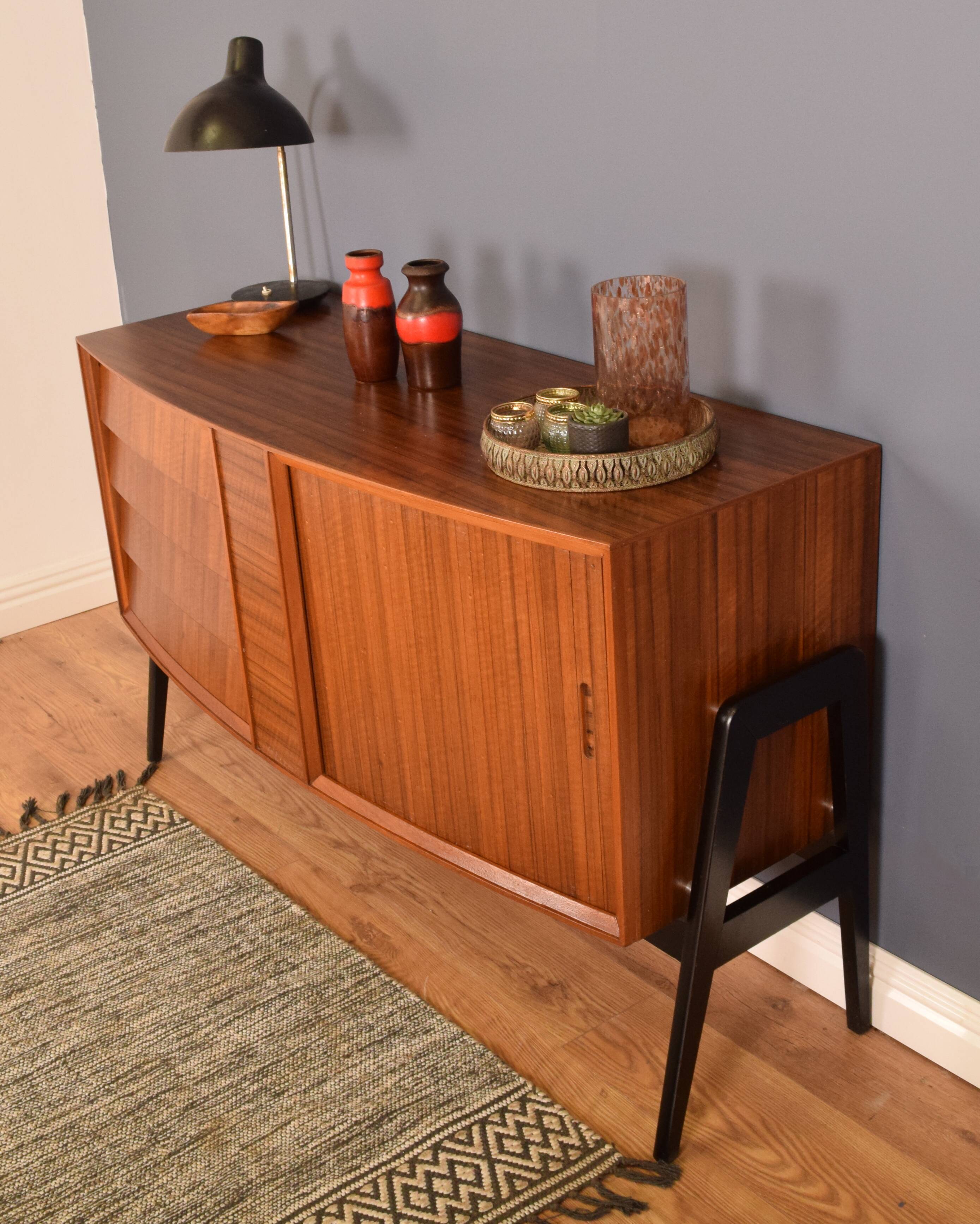 Restored Danish Style Walnut & Teak Sideboard With Tambour Doors