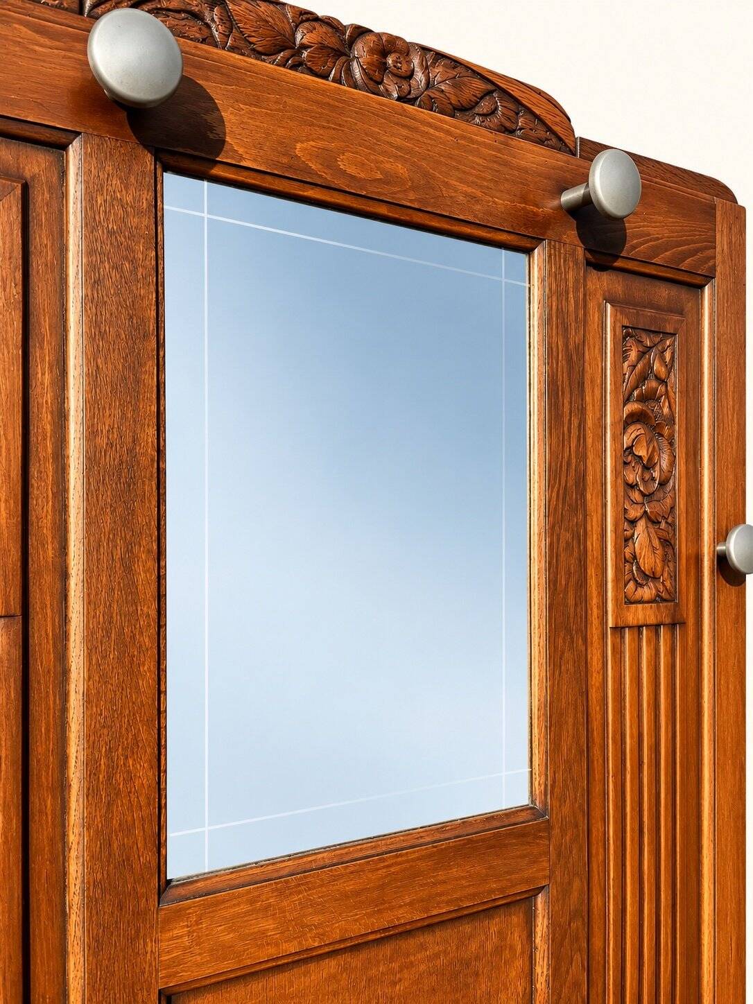 Art Deco Wardrobe Solid Carved Oak Bevelled Mirror 1930