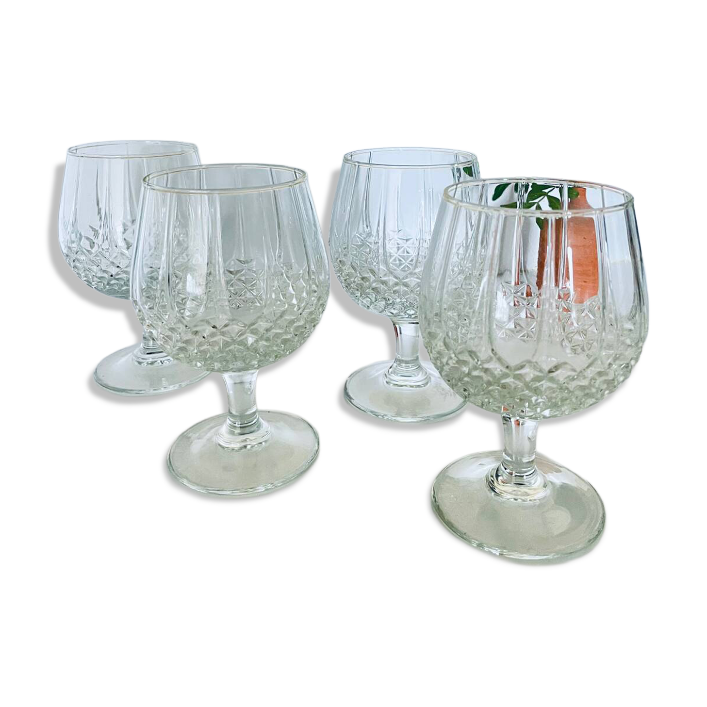 4 diamond point glass cognac or brandy glasses