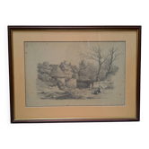 Antique pencil drawing, thatched cottages, rural landscape, framed