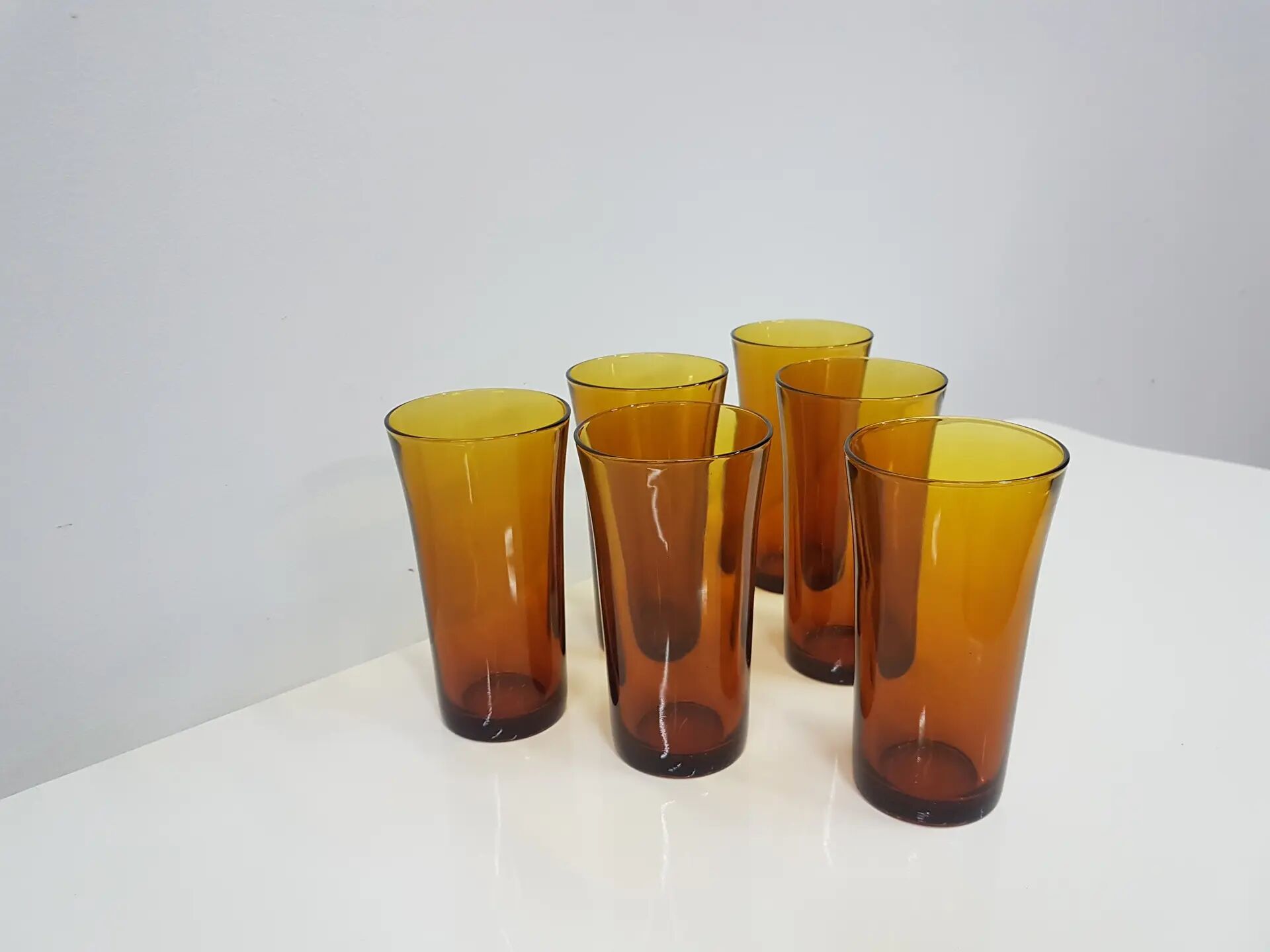 Set of six amber glass tumblers, Duralex, France, 1980s.