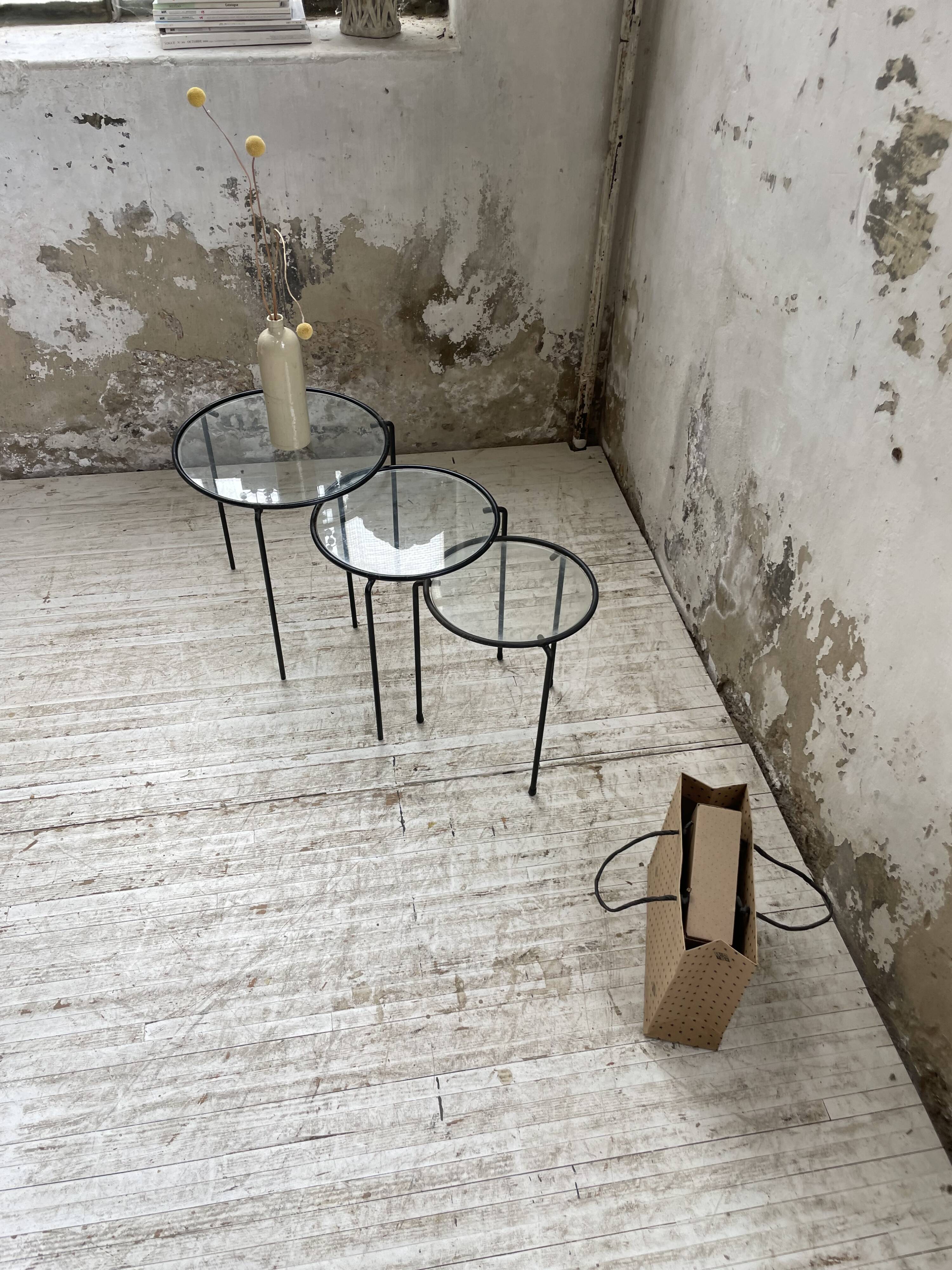50s metal and glass nesting coffee tables