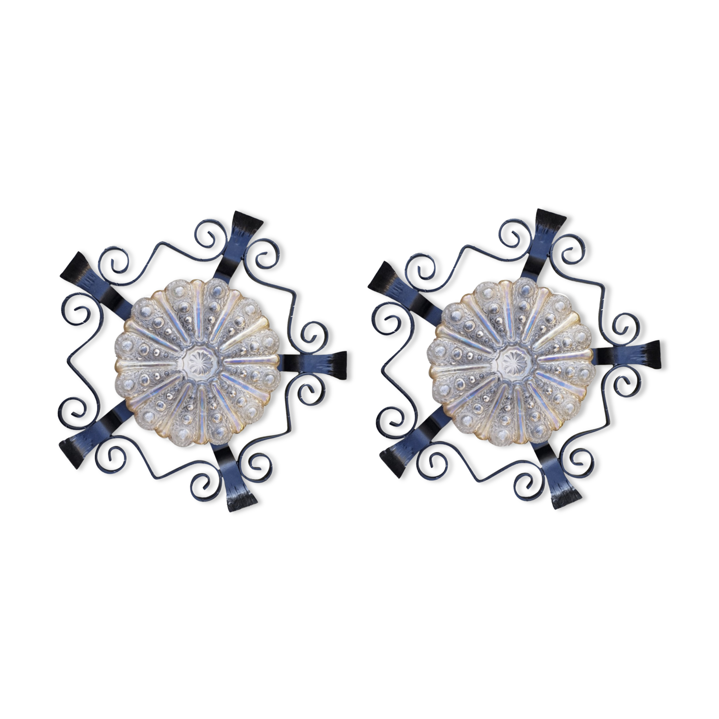 Pair of round bubble ceiling lights, amber and iridescent, wrought iron structure, vintage 50s