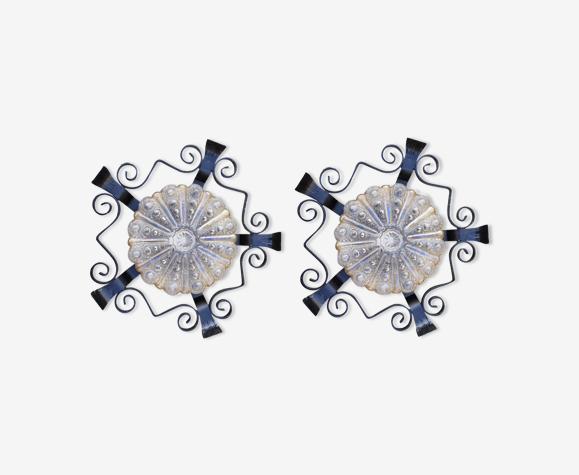 Paire de plafonniers rond à bulles, ambré et irisé, structure en fer forgé, vintage années 50