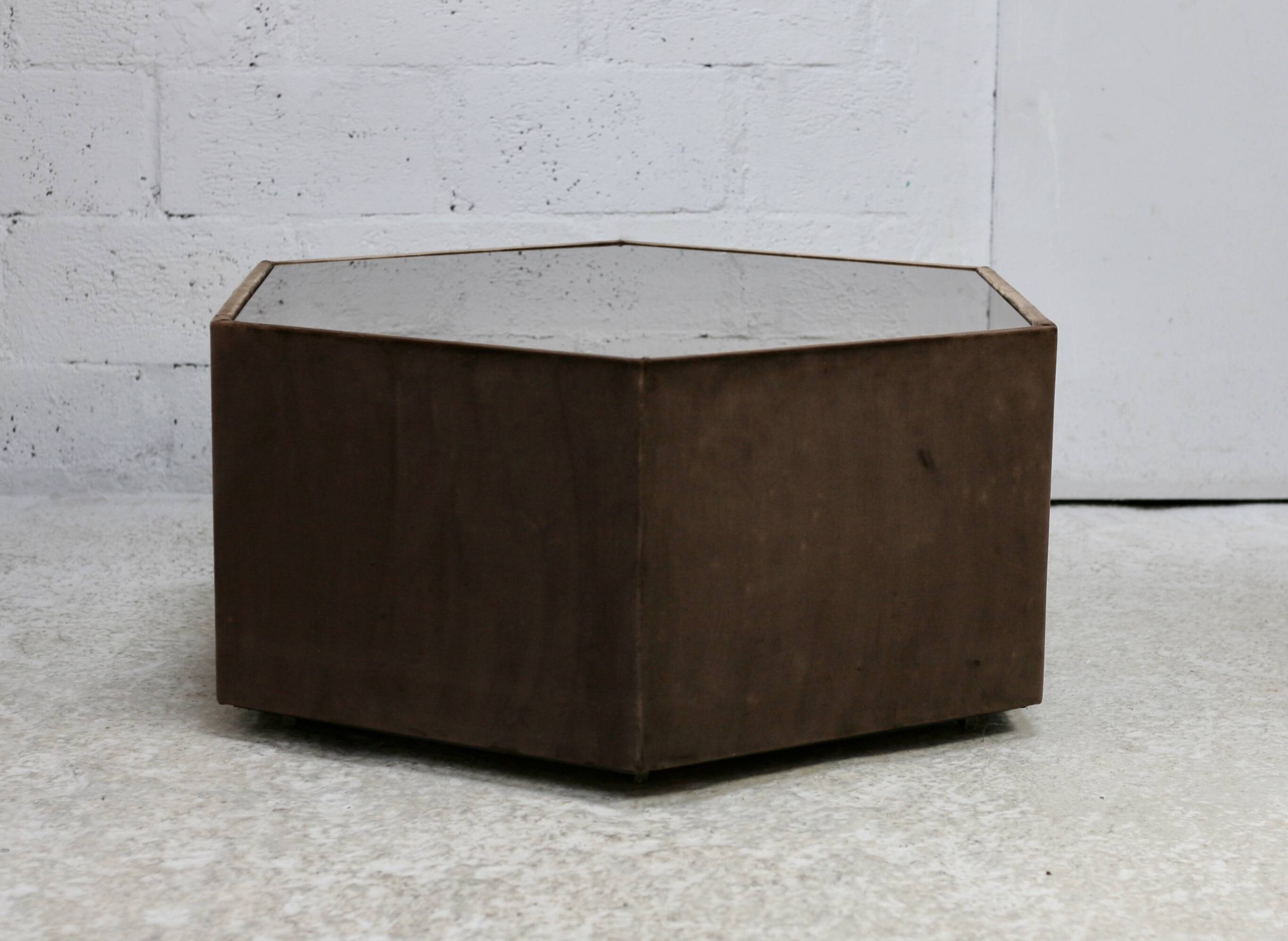 Space age table, hexagonal. Wood, velvet and smoked mirror. Circa 1970