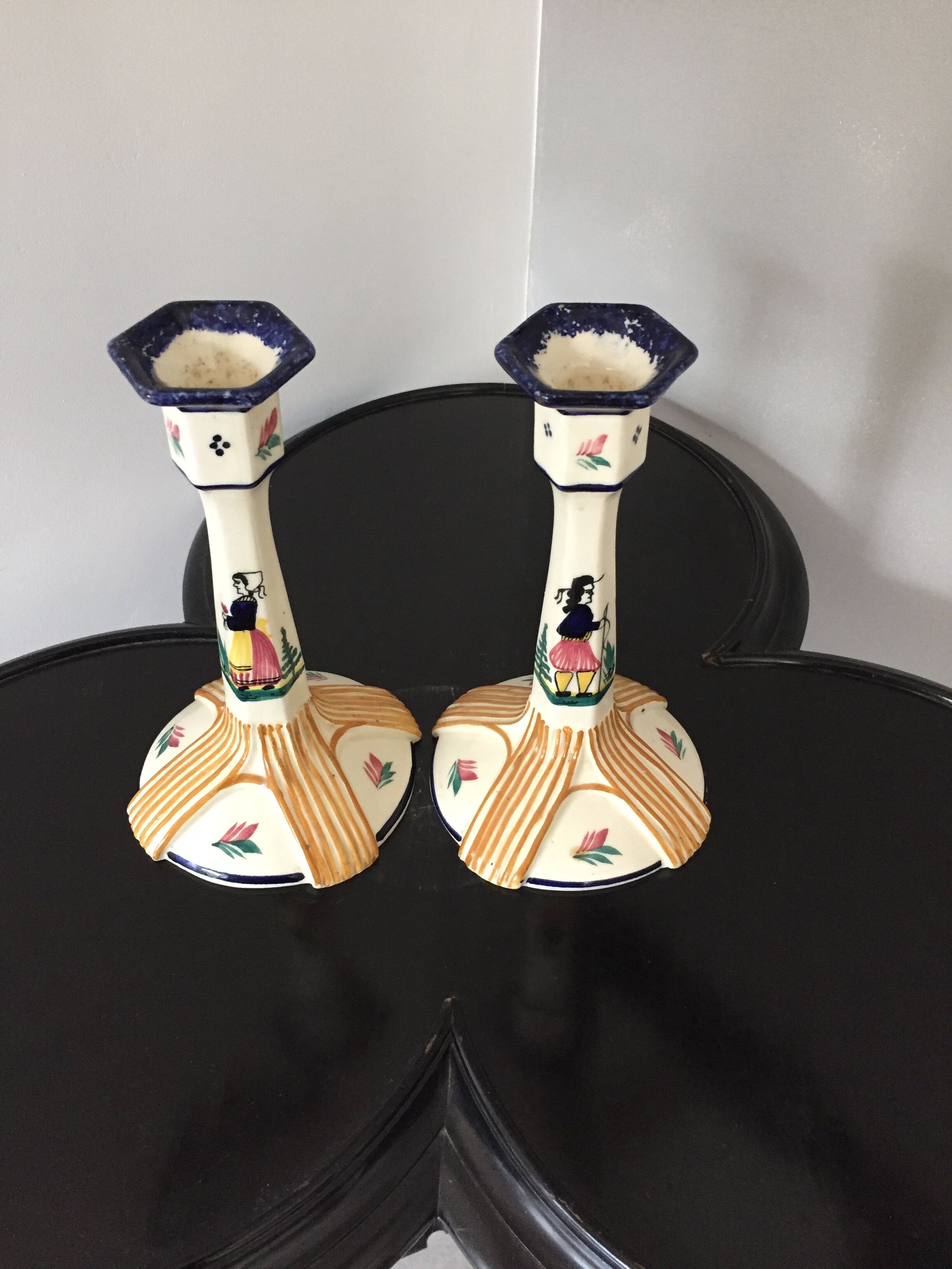 Pair of HB Quimper candle holders