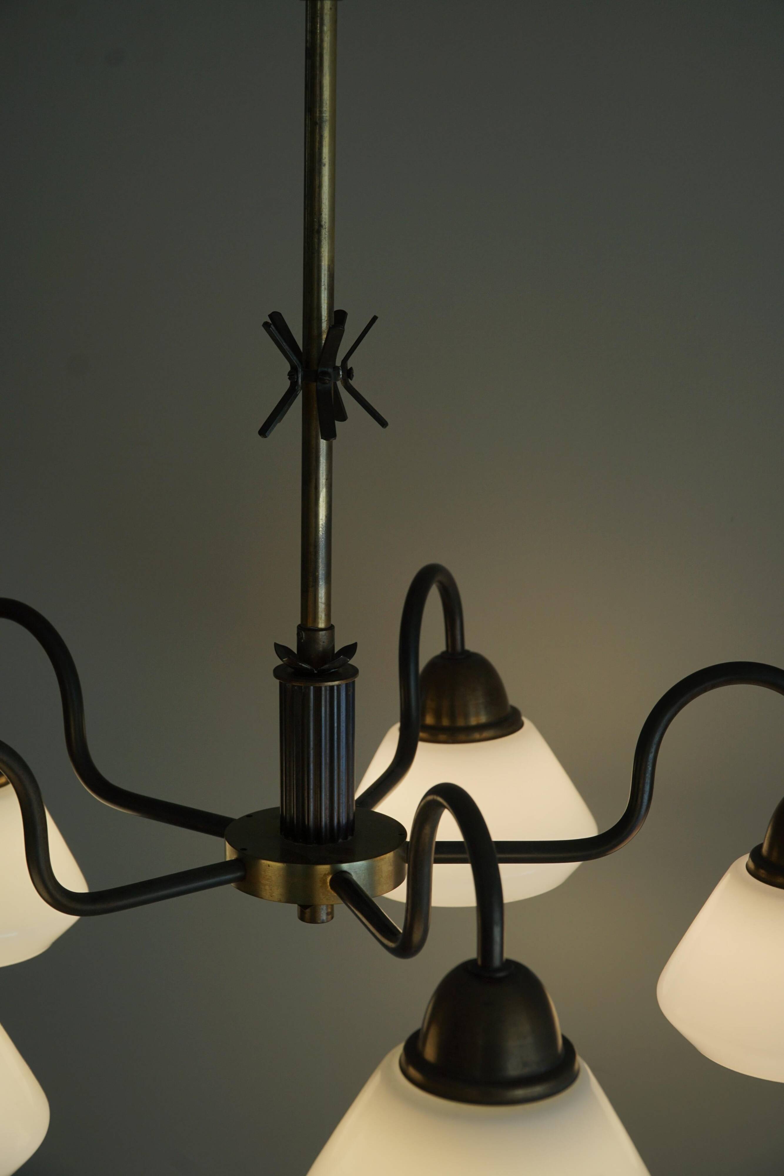 A modern Danish chandelier with 5 heads in opaline glass and brass, Art Deco, 1940s.