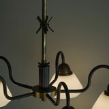 A modern Danish chandelier with 5 heads in opaline glass and brass, Art Deco, 1940s.