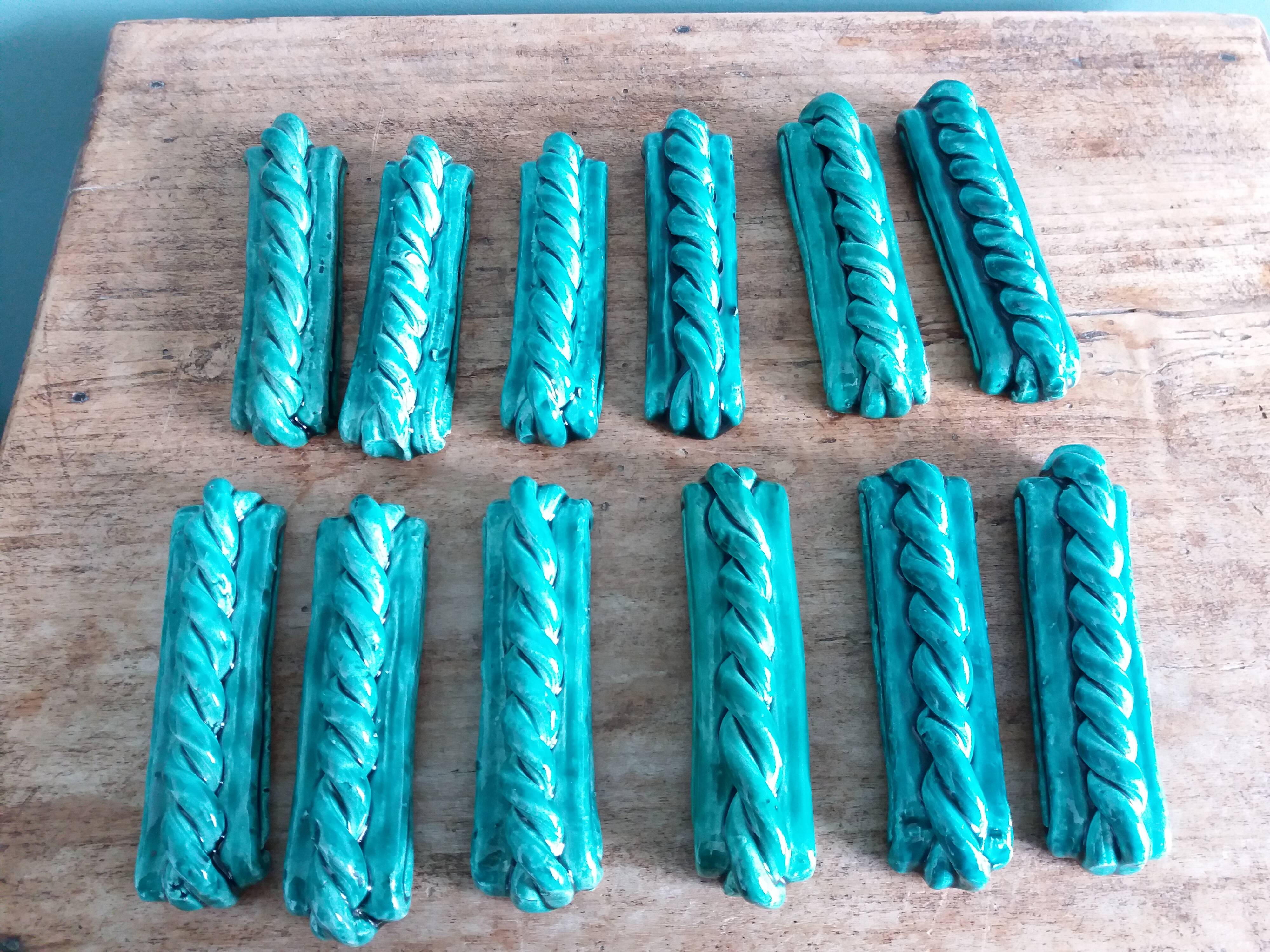 Emerald green braided slip trivet and bottle holder, knife holder