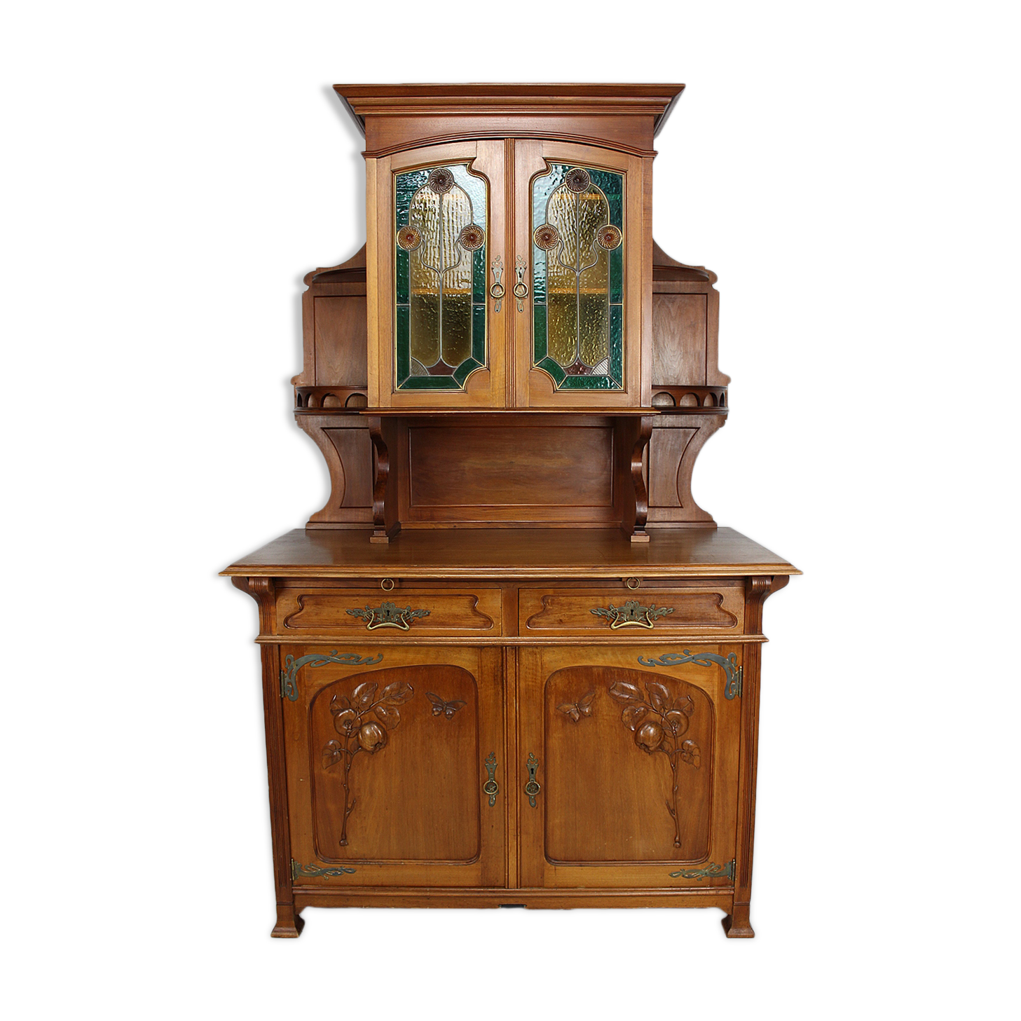 Buffet Art Nouveau en acajou sculpté et vitraux, vers 1900