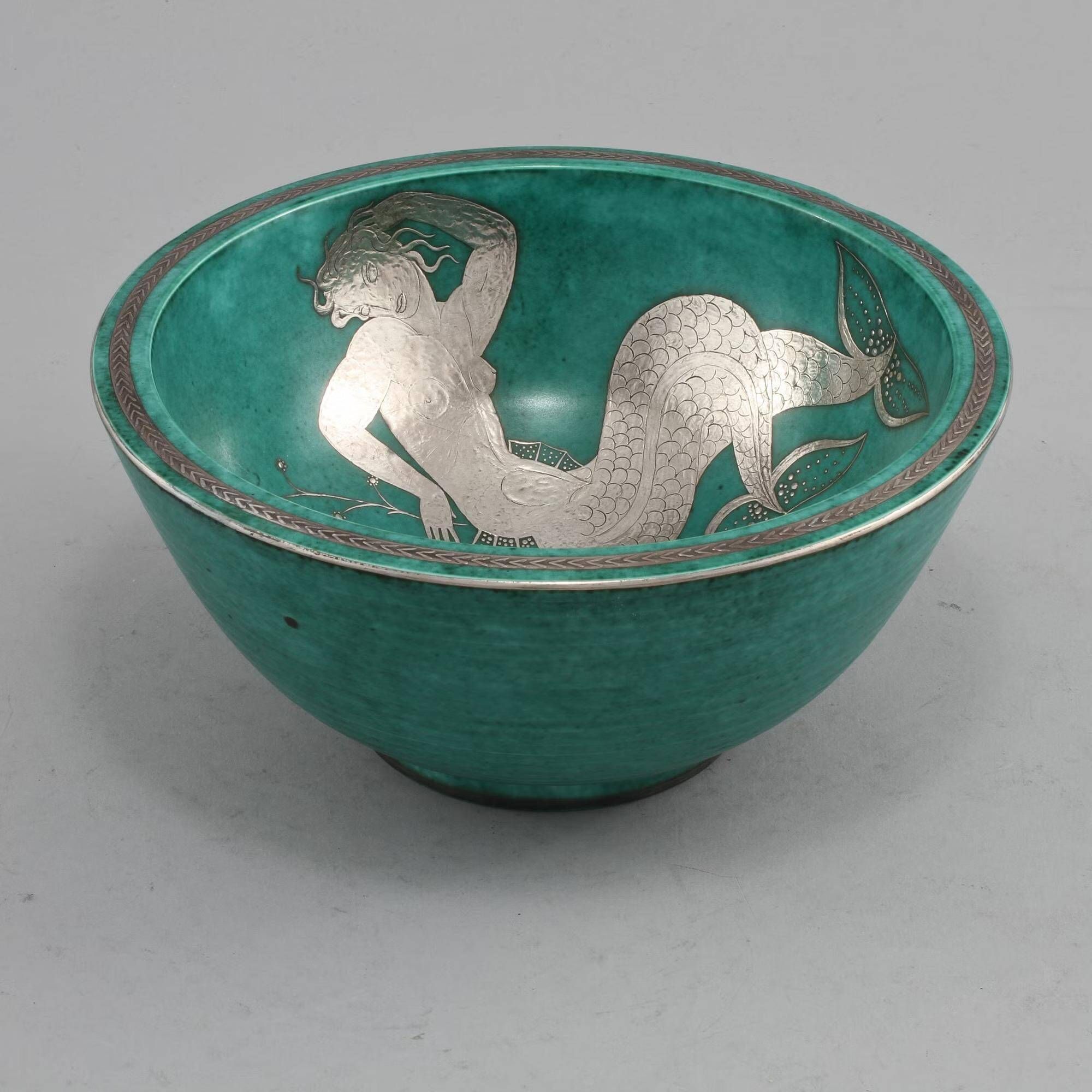 Bowl Wilhelm Kage in ceramic and silver 'Argenta' Gustavsberg Sweden 1940s Mark