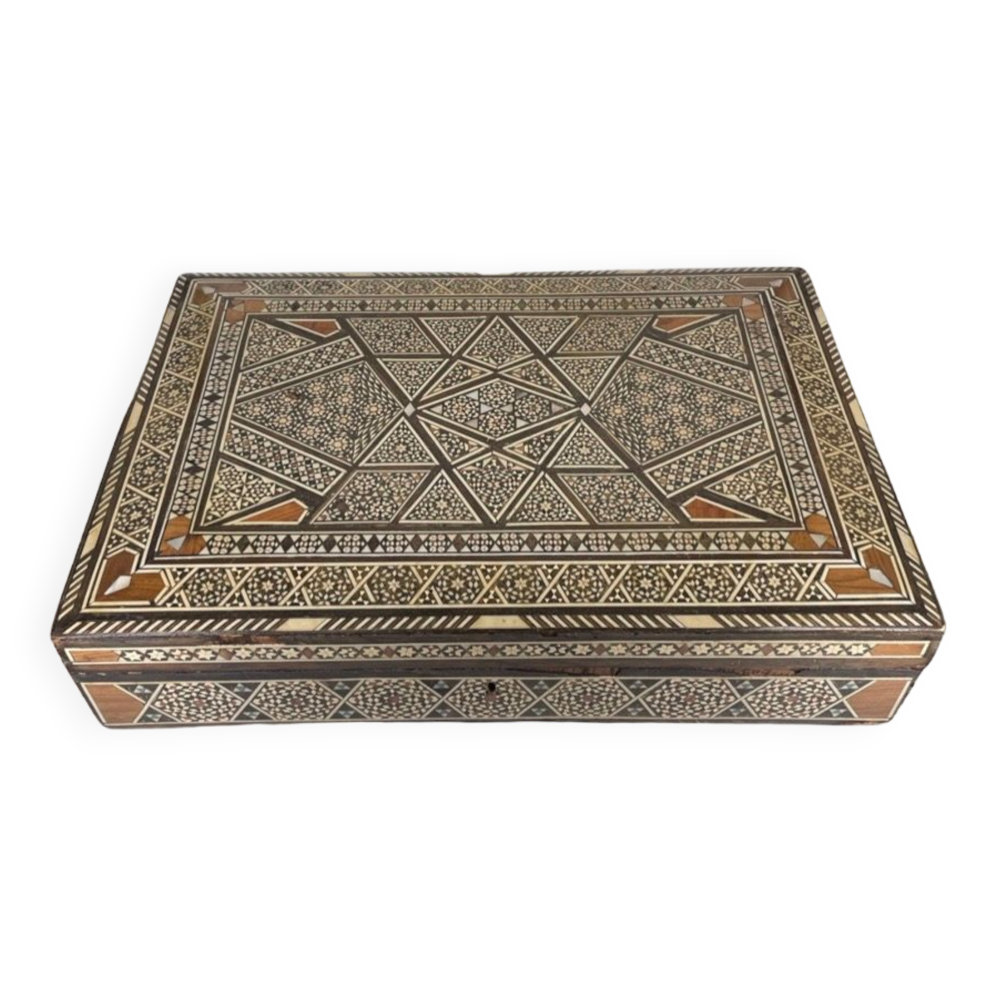 Large Persian marquetry box inlaid with its key