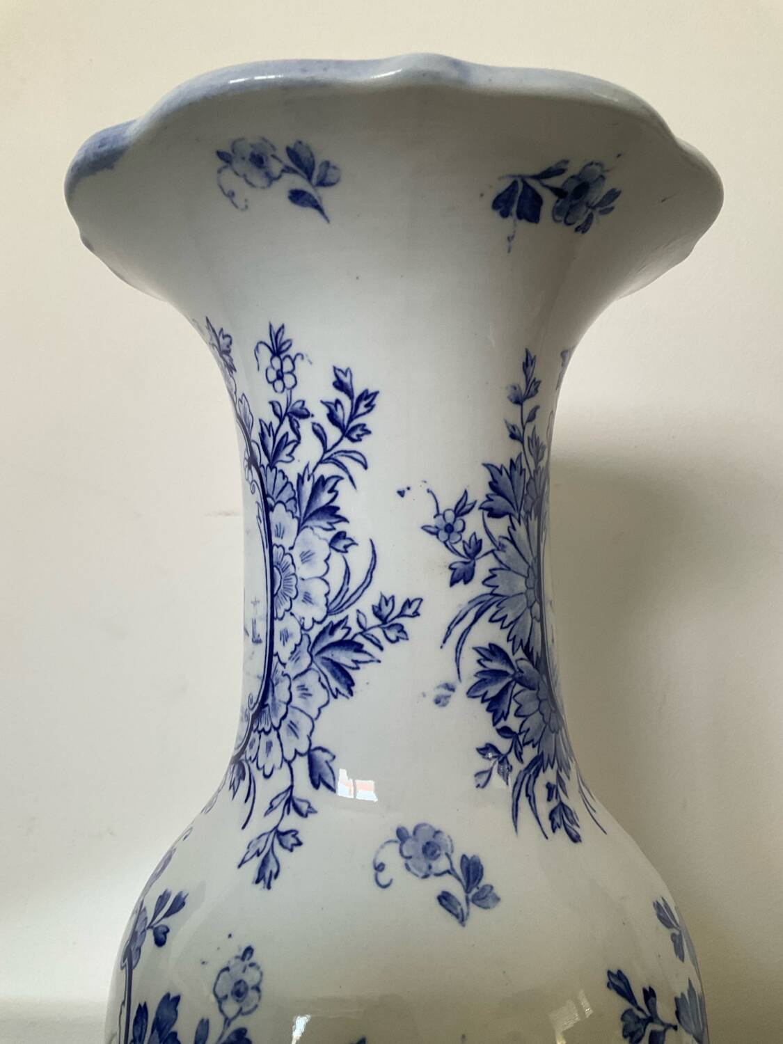 Large antique Delft blue and white porcelain vase signed