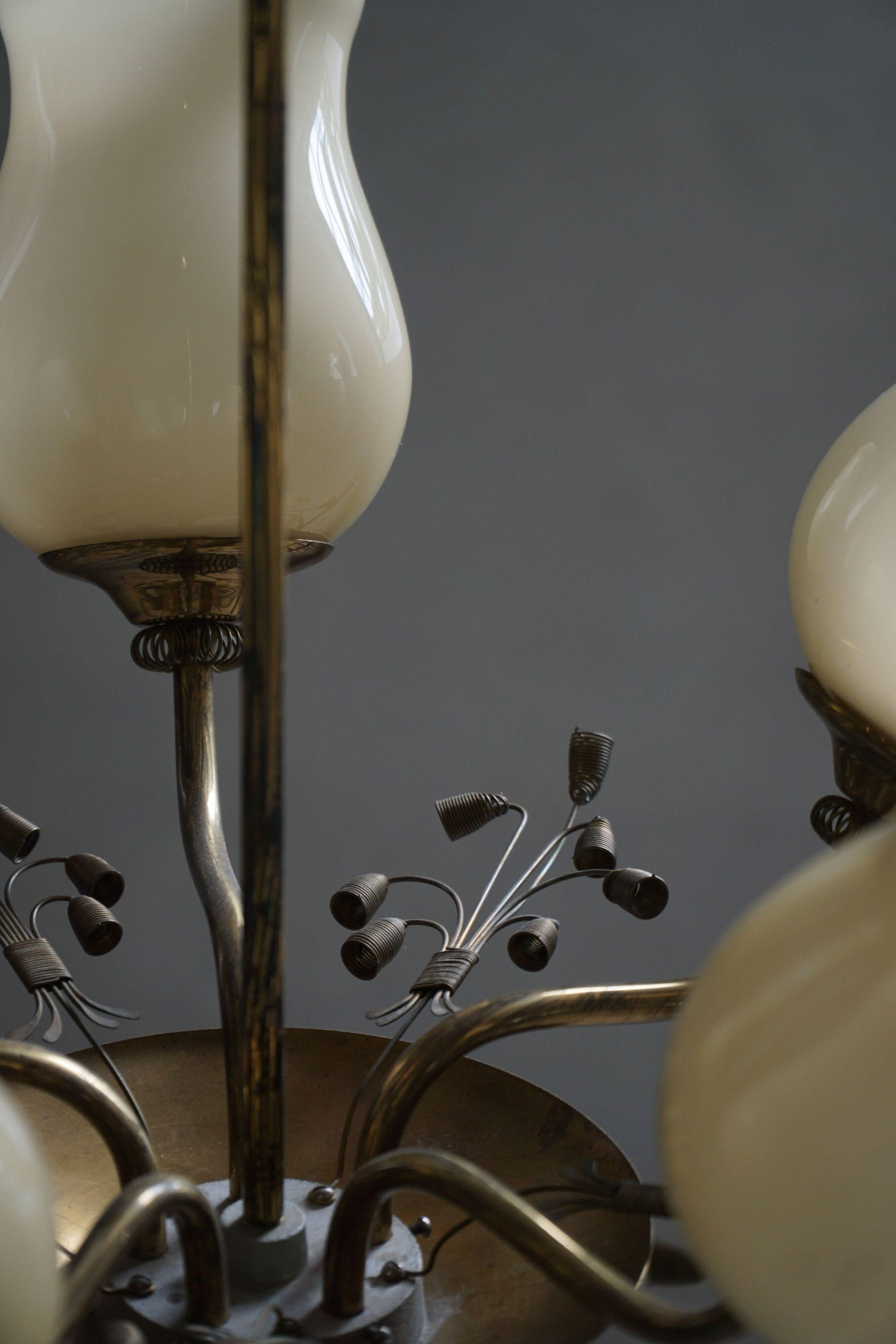 Brass and glass chandelier, Lisa Johansson-Pape for Stockmann, Finland, 1940s.