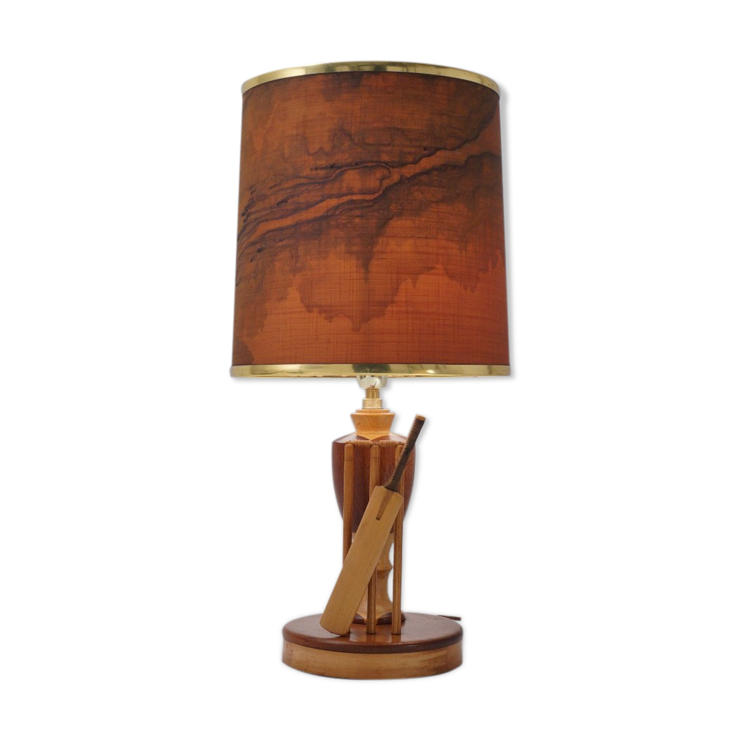 Marquetry wood inlaid table lamp, sport cricket theme, 1950`s ca, English, Rewired
