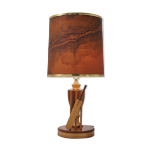 lampe de table incrustée en bois de marqueterie, thème de cricket sportif, ca des années 1950, anglais, rebranché