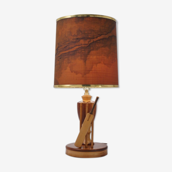 Marquetry wood inlaid table lamp, sport cricket theme, 1950`s ca, English, Rewired