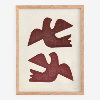 Birds painting - terracotta - signed Eawy