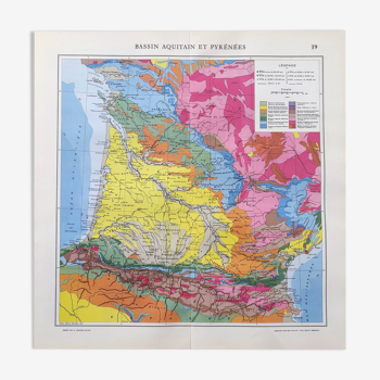 Carte ancienne bassin aquitain et Pyrénées de 1950 43x43cm