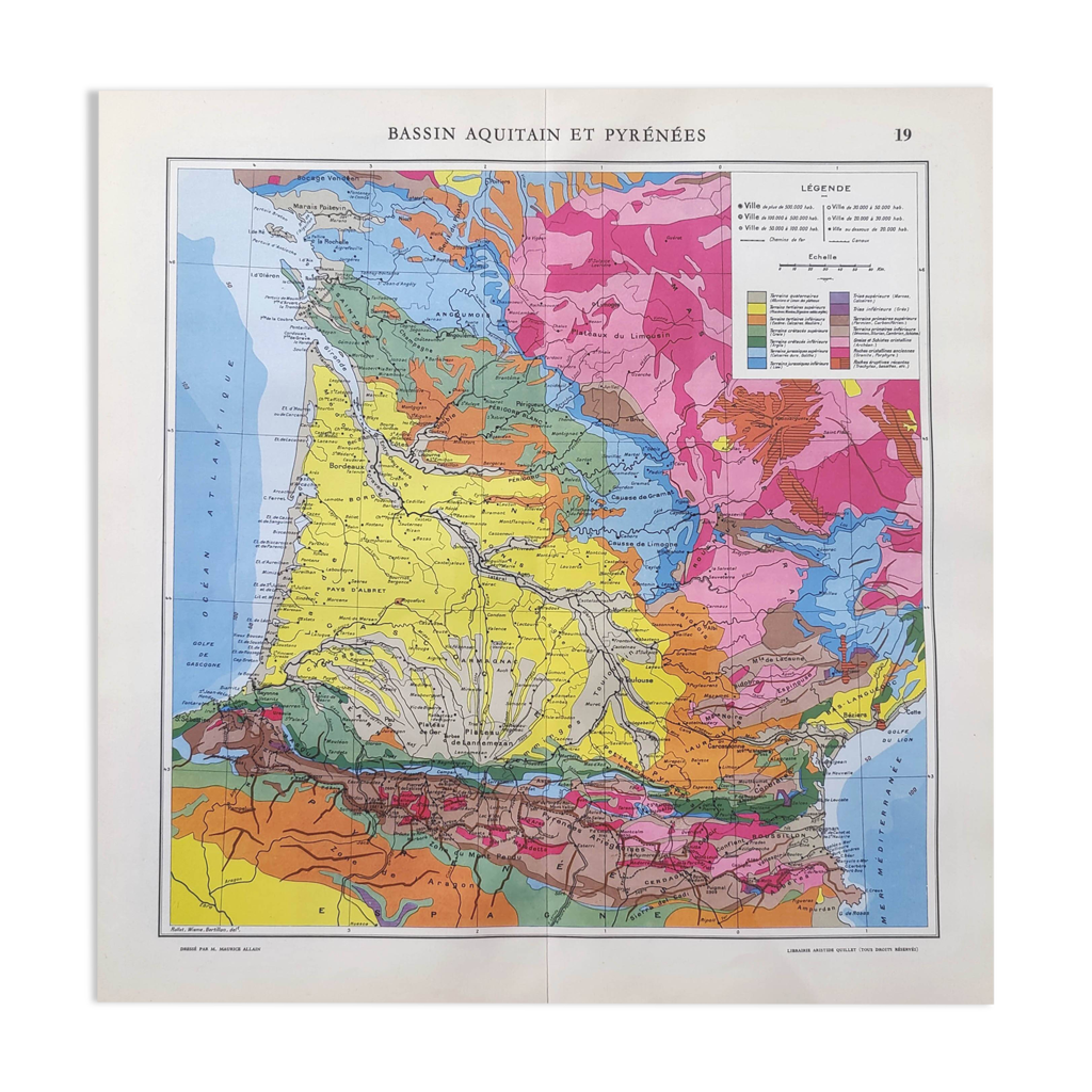 Old map of the Aquitaine basin and the Pyrenees from 1950 43x43cm