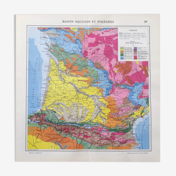 Old map of the Aquitaine basin and the Pyrenees from 1950 43x43cm