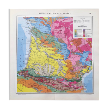 Old map of the Aquitaine basin and the Pyrenees from 1950, 43x43cm.