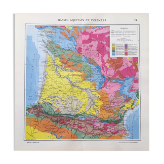 Old map of the Aquitaine basin and the Pyrenees from 1950 43x43cm