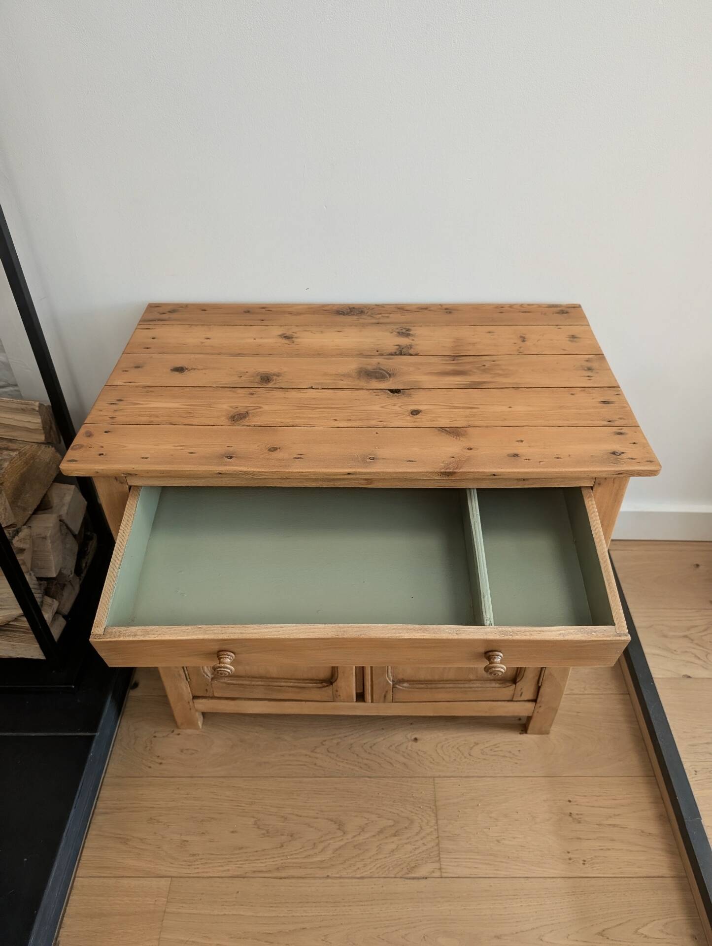 Vintage wooden renovated sideboard, 2 doors and 1 drawer.