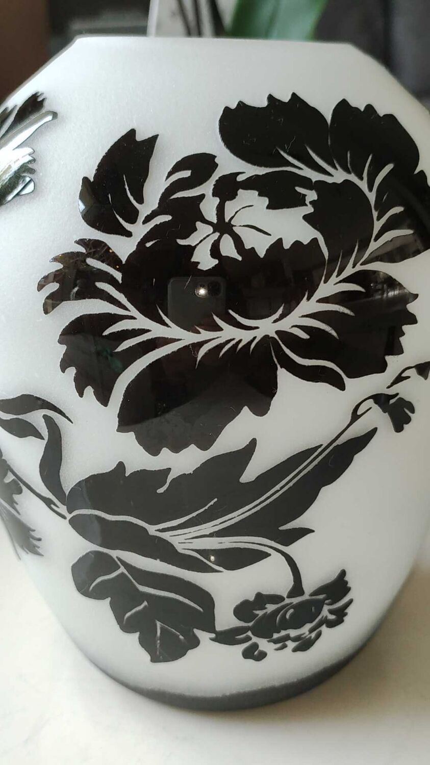 Asian-inspired opaline glass vase, with black floral motifs inclusions