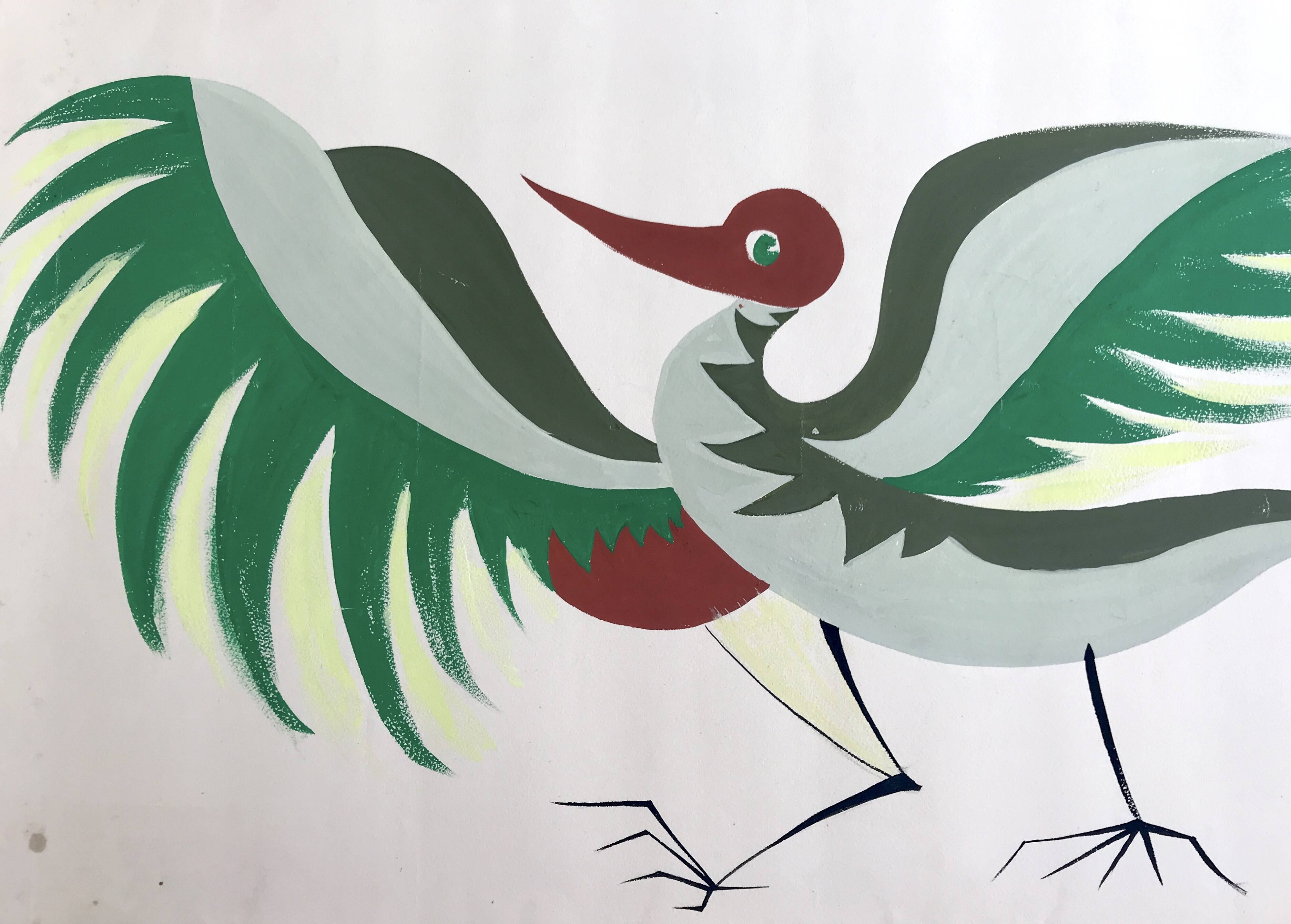 International art deco ornithological exhibition. Original poster painted in gouache.