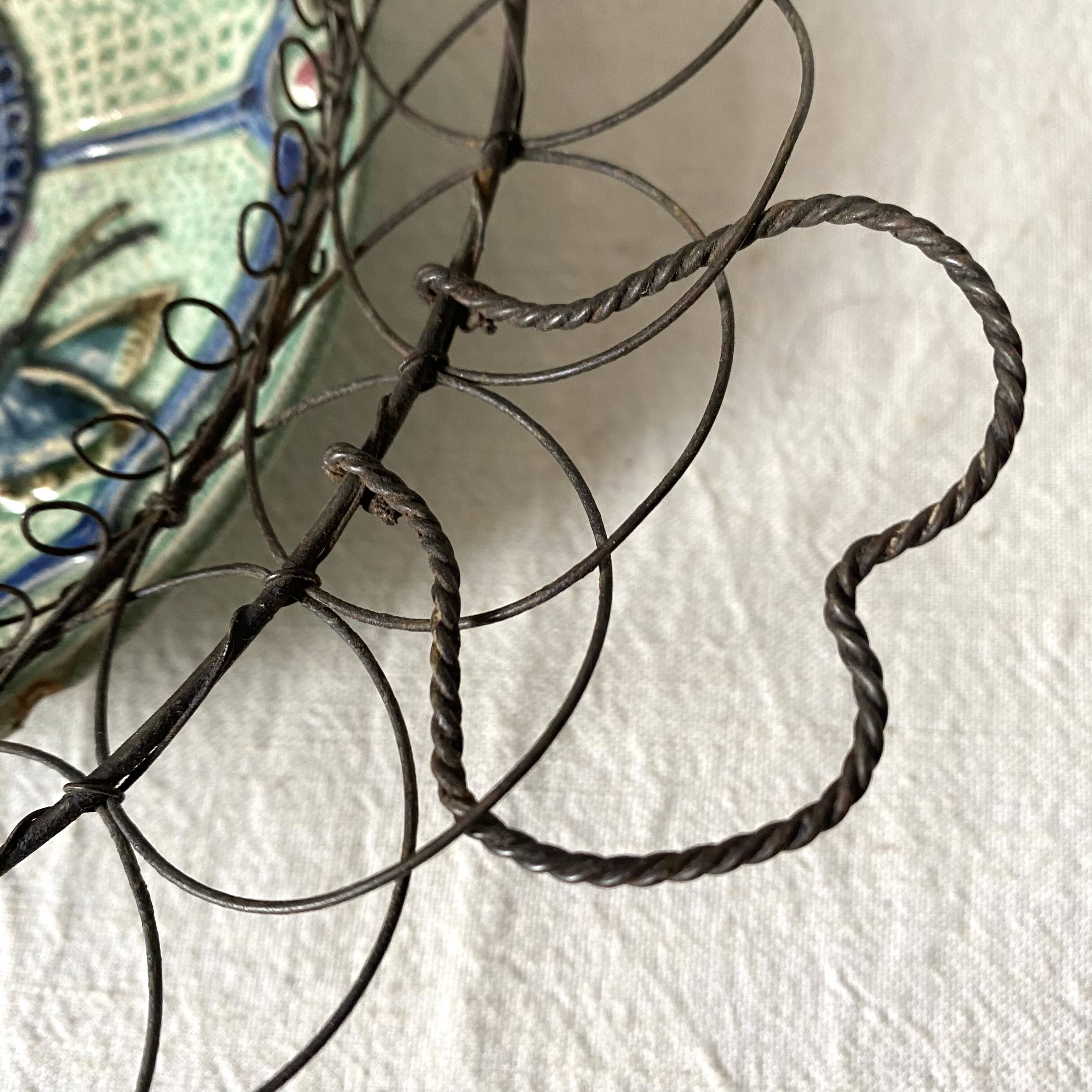 Antique barbotine and wire dish, 19th century