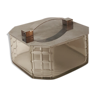 Glass cookie box, meta lid, art deco style