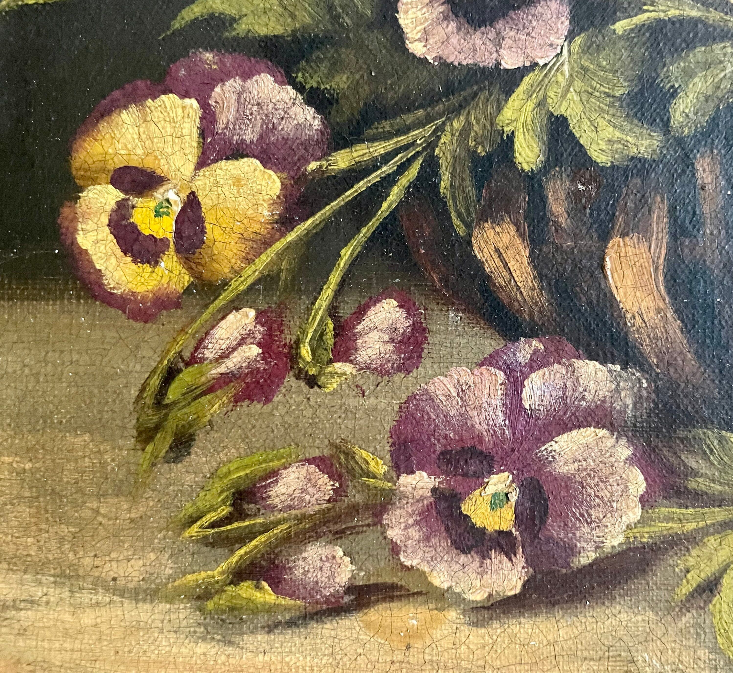 Peinture à l’huile du XIXème siècle sur toile nature morte avec vase de pensées antique vintage original