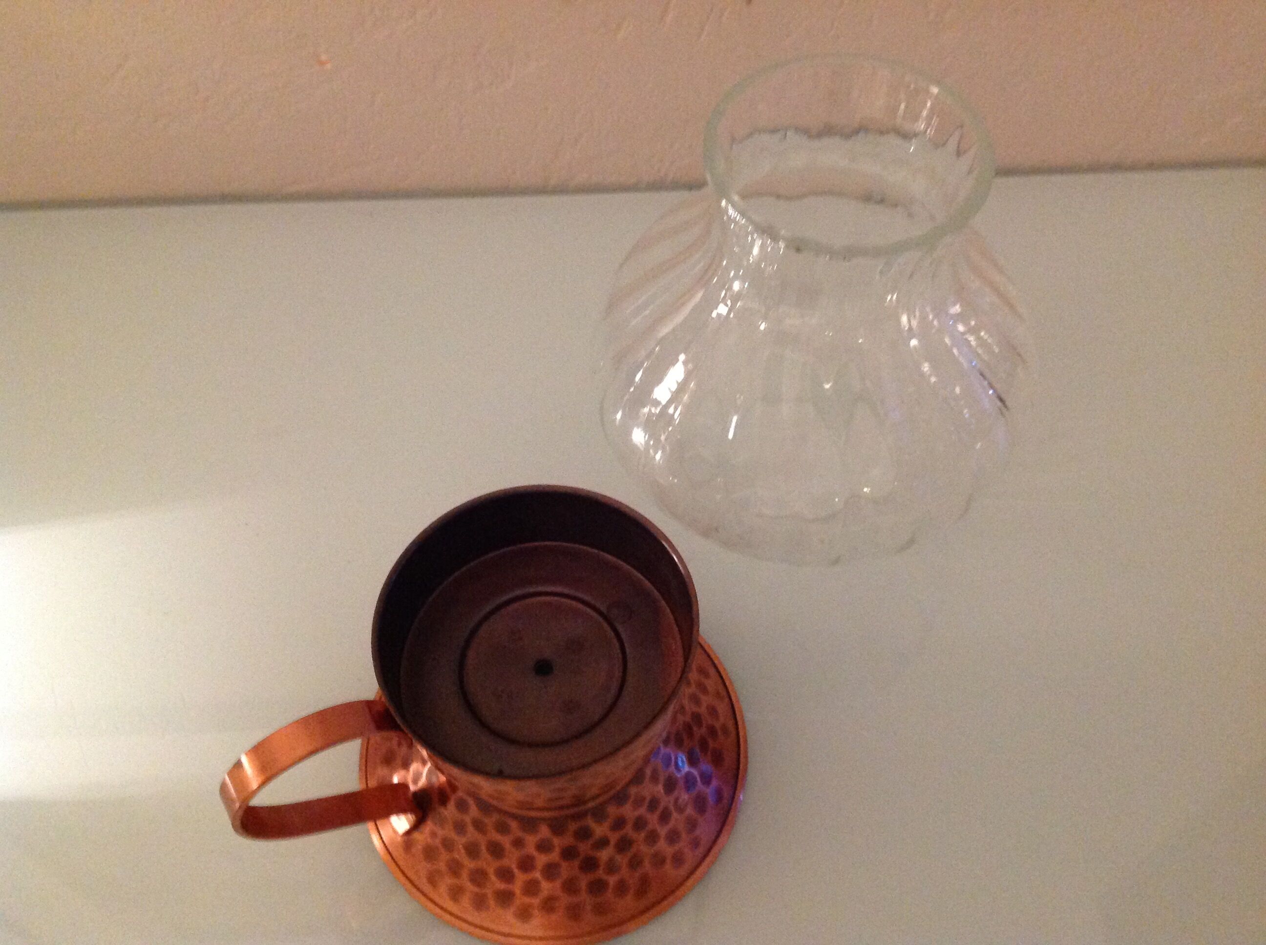 Hammered red copper candle holder and glass/vintage 60s/70s
