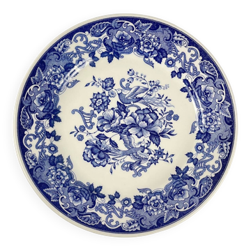 Plat ancien en faïence bleue, décor floral et oiseaux, début XXe
