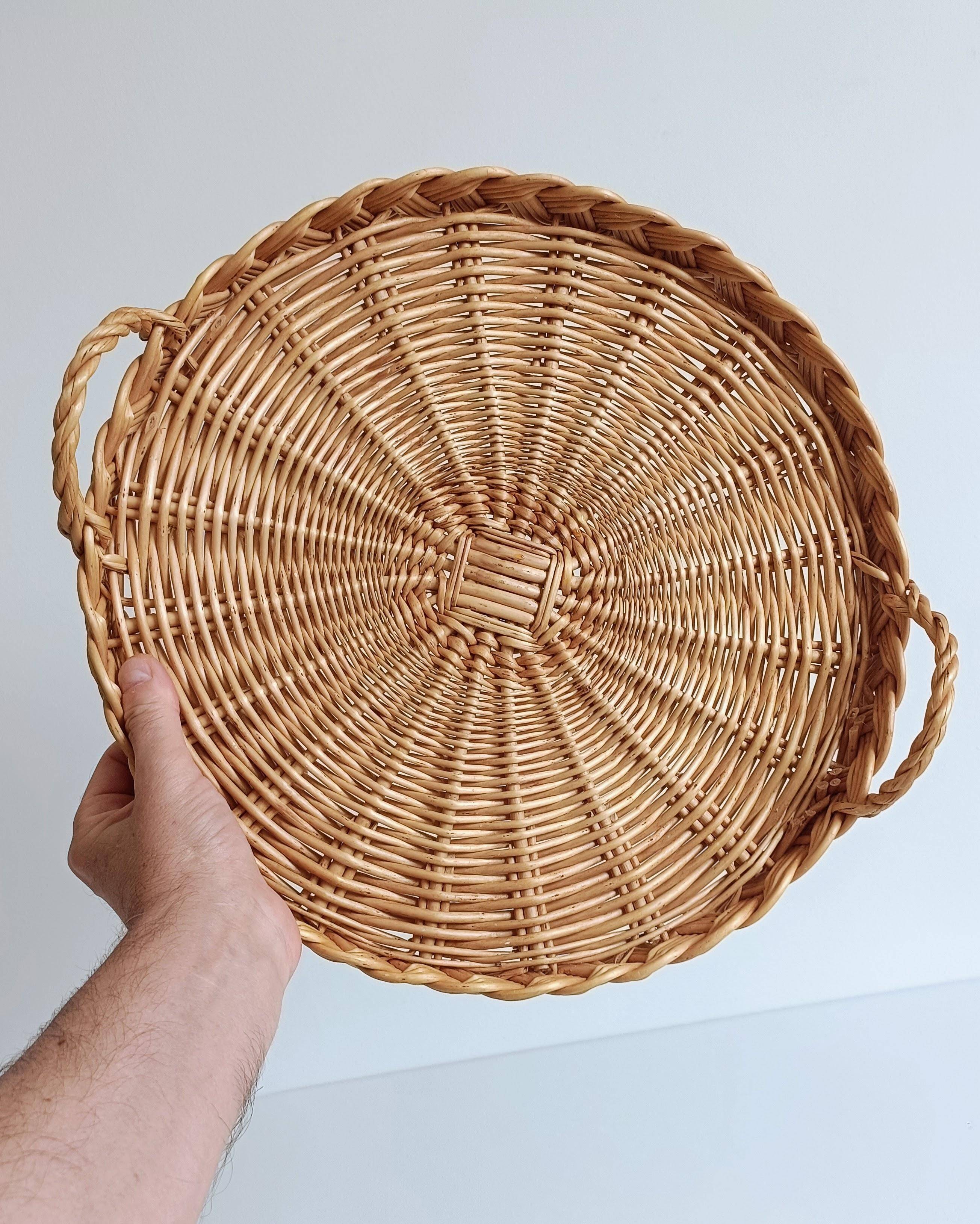 Rustic French Provence Large Round Handled Wicker Tray, France