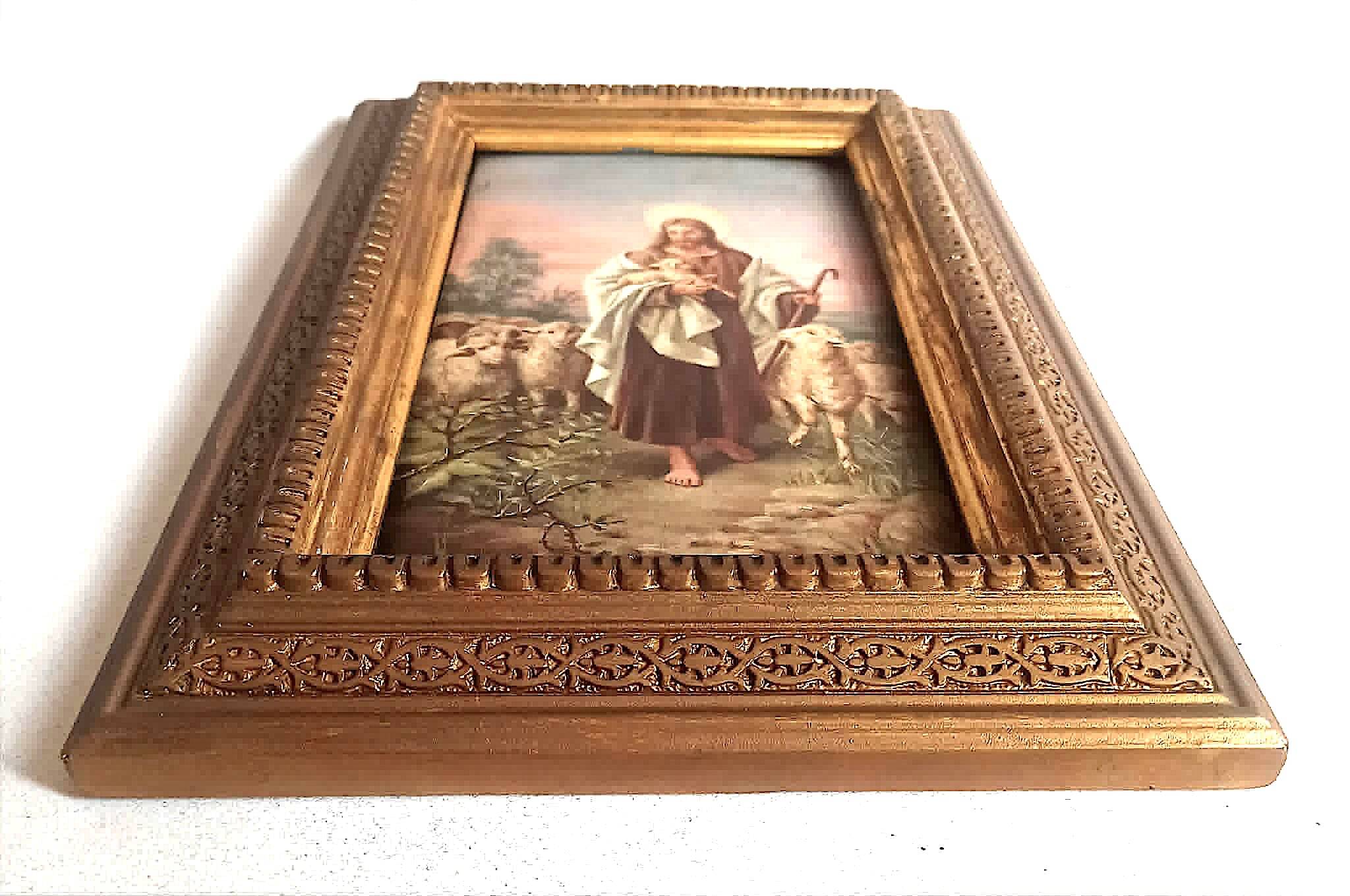 Oil painting on wood The Good Shepherd Christ Late 19th century