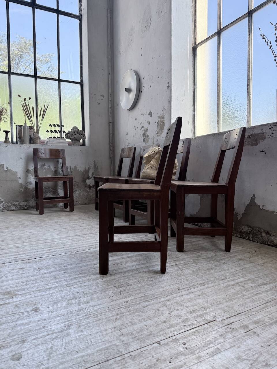 Set of 4 Savoyard pine folk art chairs from the 1950s.