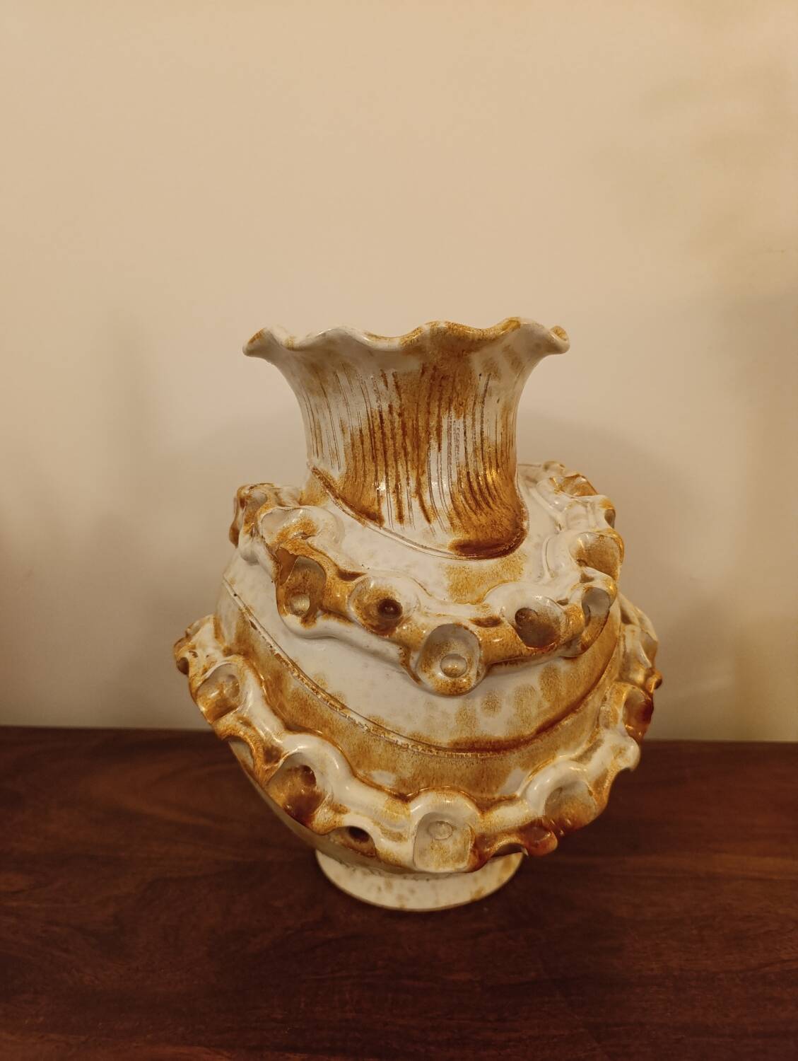 Large brutalist Italian ceramic vase, vintage two-tone, 60s/70s.