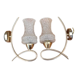 Pair of vintage brass and chiseled glass sconces - 50s